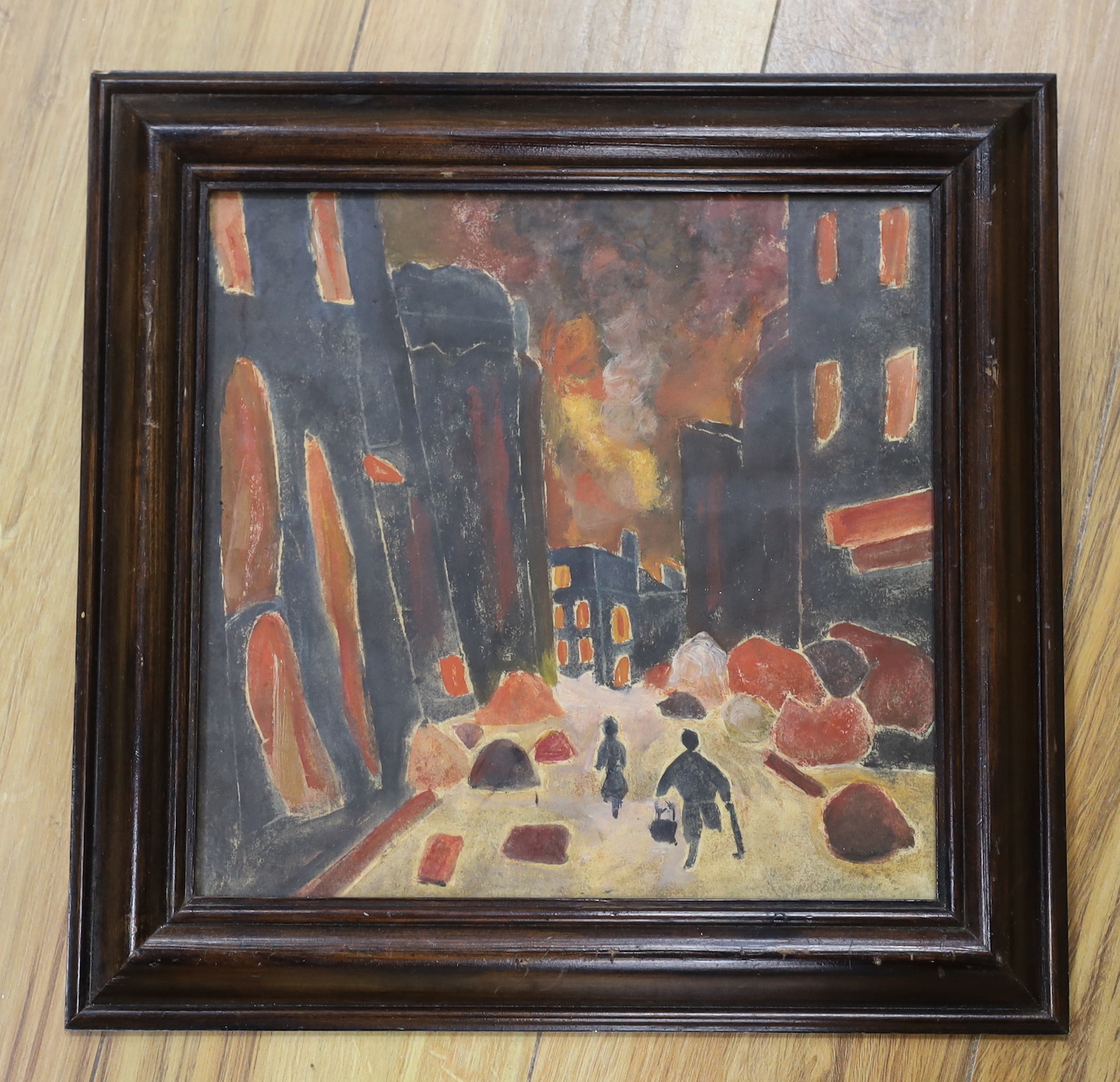 Powstume Watmacosku (Polish School, WW2), oil on paper, 'Warsaw in flames', label verso dated 1944, 27 x 28cm